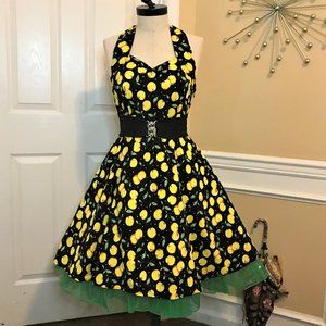 Rockabilly Swing Halter Dress Black w/Yellow Cherries Sz XXL